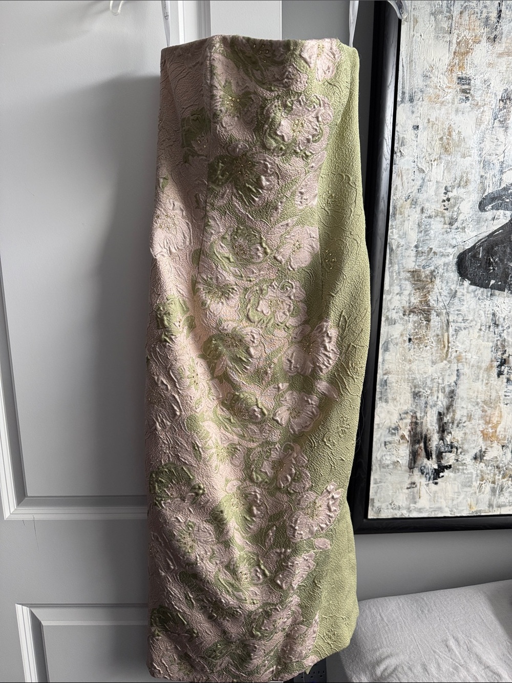 Elegant Pink and Sage Brocade Midi Dress